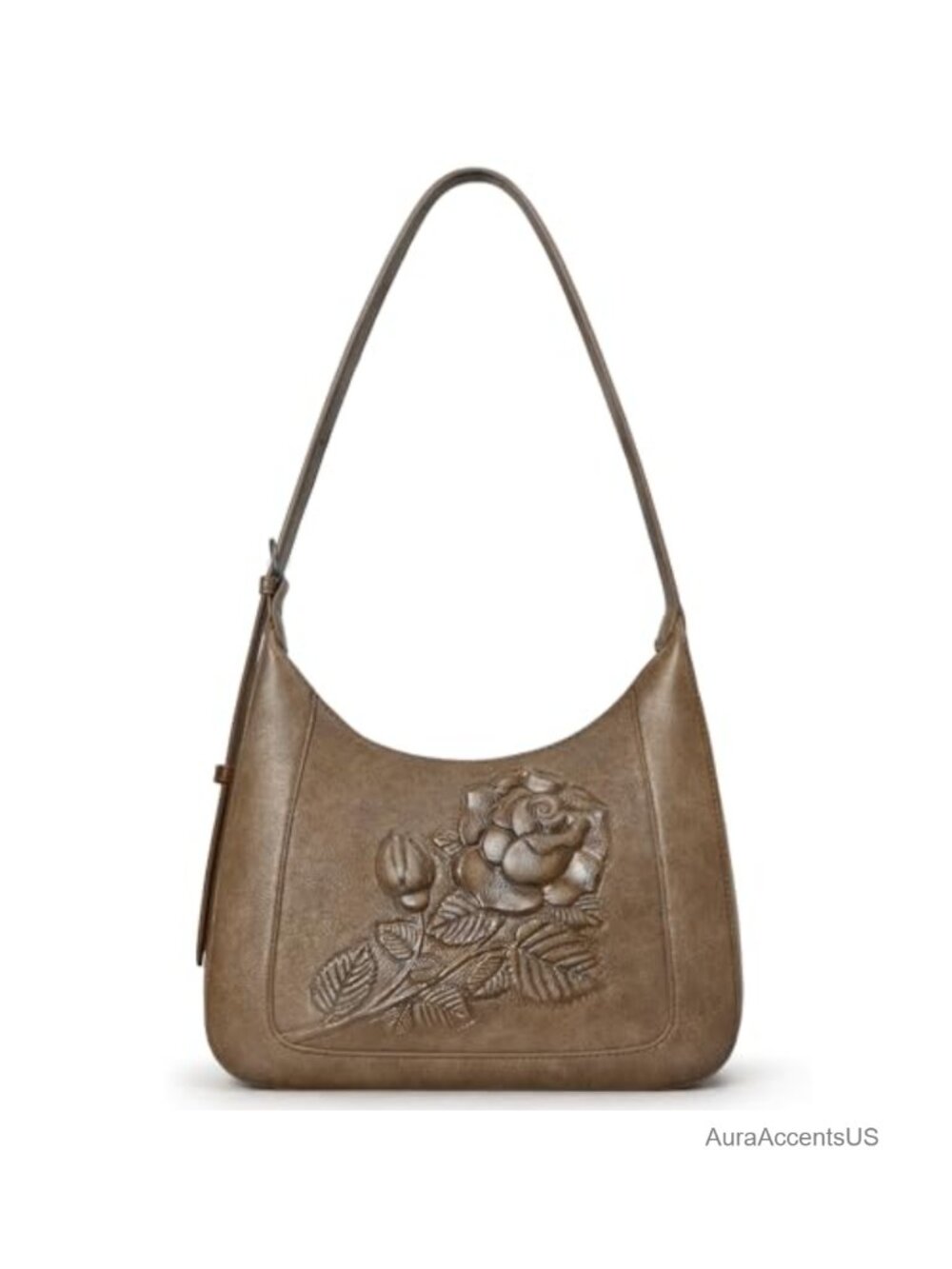 Vegan Leather Crescent Shoulder Bag Floral Embossed Adjustable